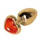 Анальная пробка “Сердечко” с красным стразом 7,3 см, золото