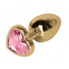 Анальная пробка “Сердечко” с розовым стразом 7,3 см, золото