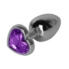 Анальная пробка “Сердечко” с фиолетовым стразом 7 см серебро