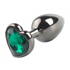 Чёрная анальная втулка «Сердечко» с зеленым кристаллом 85 мм